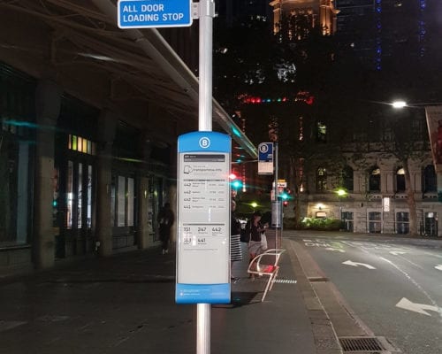 The frangible pole in Sydney on the new solar-powered e-bus stops. Here at QVB.